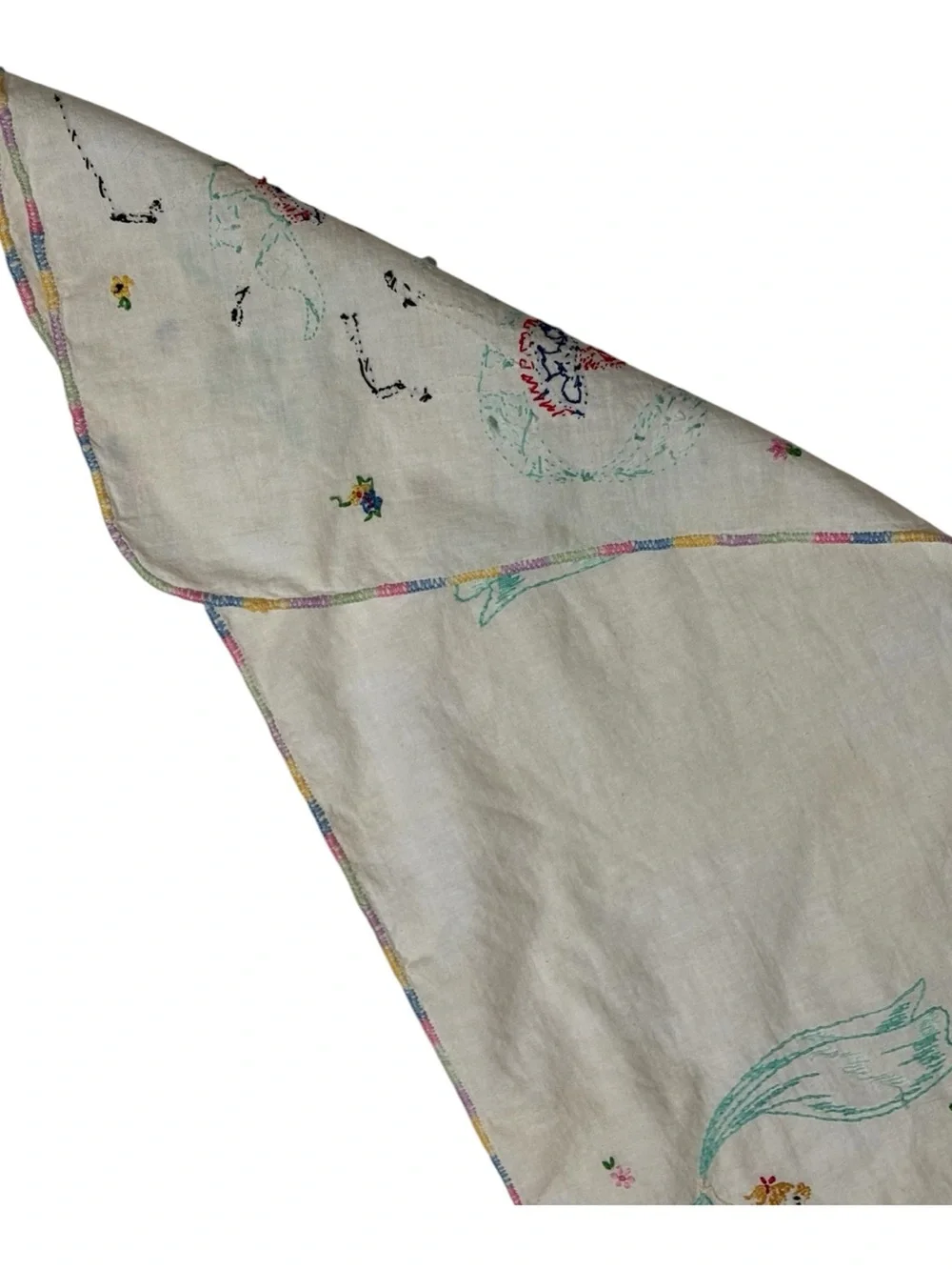 Vint Embroidered Dresser Scarf Ballerina Dancers Flowers Teal Streamers Ribbons